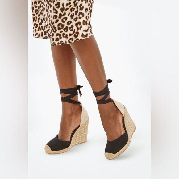 JustFab Women's Black Espadrille Wedge Sandals Size 9.5 Ankle Tie - Picture 4 of 16